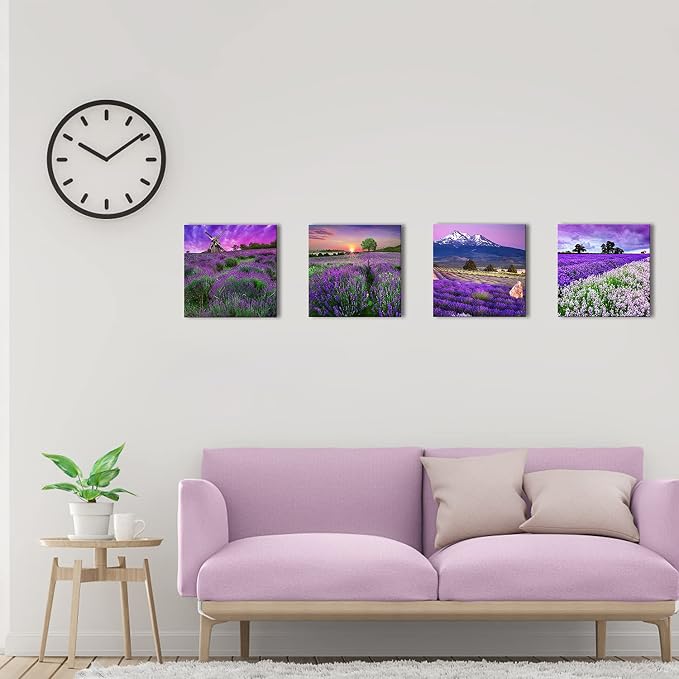 Lavender Flowers Wall Art Decor Canvas Prints Purple Floral Pictures Painting Artwork Framed 16x16 Inch 4 Panels Modern Landscape Still Life Photos Home Decoration Ready to Hang Bedroom Bathroom