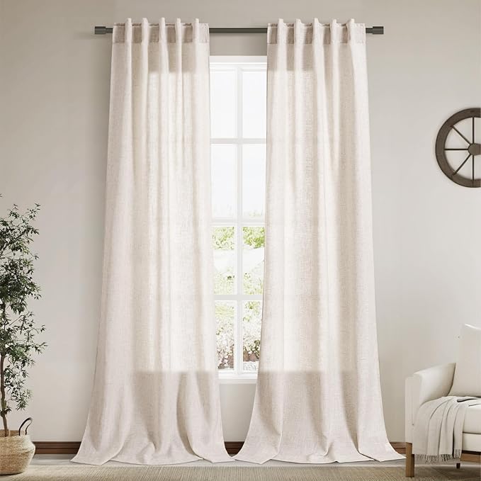 Beige Linen Curtains 96 Inches Long for Living Room 2 Panels Set Back Tab Pocket Canvas Semi Sheer Modern Farmhouse Curtains Belgian Flax Linen Bedroom Curtain Drapes Neutral Earth Tone 40x96
