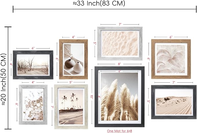 Gallery Wall Frame Set, 8 Pack Multi-color Picture Frame, Small | Collage Pampas Grass Prints Wall Art Decor for Living Room, Entryway, Stairway, Bedroom, Assorted Size