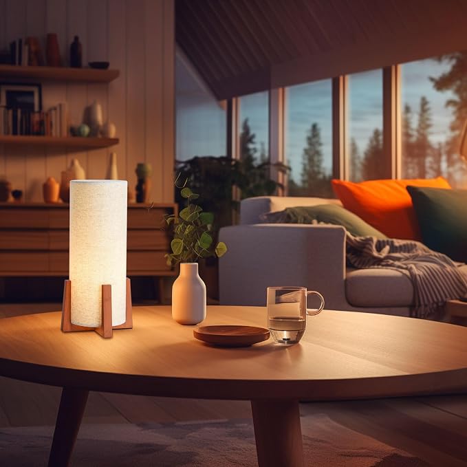 KUNJOULAM Modern Table Lamps, Nightstand Lamp with Linen Fabric Shade Brown Wooden Base, 13.9" Cylinder Bedside Table Lamp for Bedroom, Cafe, Living Room Home Decor