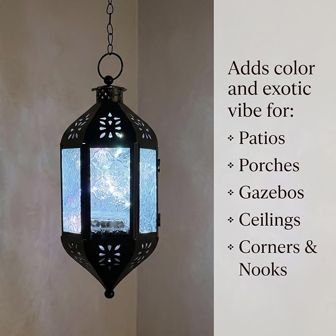 Vela Lanterns Hanging Moroccan Lantern with LED Twinkle Fairy Lights - Exotic Decorative Patio & Porch Decor, Indoor Outdoor Candle Lamp Holder with Chain (13" Large, Clear Glass)
