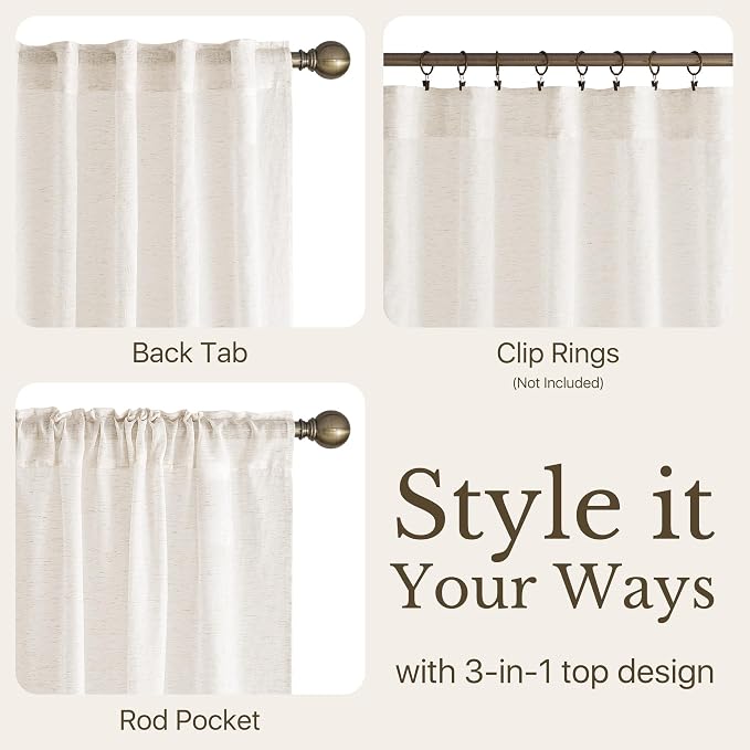 NICETOWN Linen Burlap Sheer Curtains 72 inches Long, Rod Pocket & Back Tab Semi Sheer Privacy Drapes Light Filtering Window Treatments Breathable for Bedroom, W52 x L72, 2 Panels