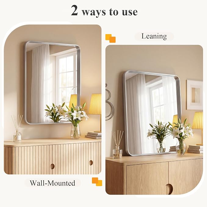 Sweetcrispy Bathroom Mirror 40x32 Inch, Vanity Mirror for Wall | Metal Framed Rounded Rectangle, Over Sink, Farmhouse, Restroom, Anti-Rust, Horizontal or Vertical Hanging, Silver