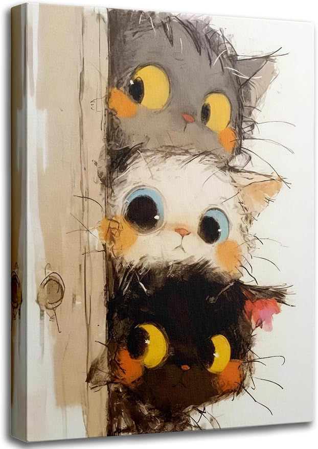 Cute Little Kitten Canvas Wall Art Funny Cartoon Cat Wall Decor Picture | Three Peeping Kittens Poster Print for Kids Room Bathroom Dining Room Nursery Cat Lovers Painting Artwork Home Decoration
