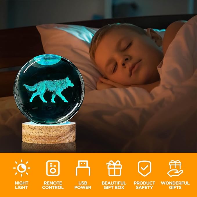 3D Crystal Ball Night Light - 3.15 Inch Wolf Figurine Glass Ball Lamp with 16 Color Changing Wooden Base - Ideal Gifts for Friends, Kids, Christmas, Birthday