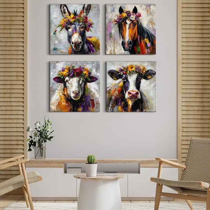 Set of 4 Farmhouse Animal Canvas Wall Art Dinner Room Decoration Abstract Colorful Cow Donkey Horse Sheep Wall Decor 20x20”, Large Vintage Farm Animals Theme Posters Paintings Countryside Artwork