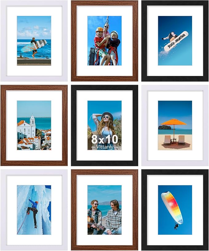Vittanly 8x10 Picture Frames Set of 9, Black&Walnut Brown&White | Display Pictures 5x7 with Mat or 8x10 without Mat, Small Photo Frames, Engineered Wood with Shatter Resistant Plexiglass