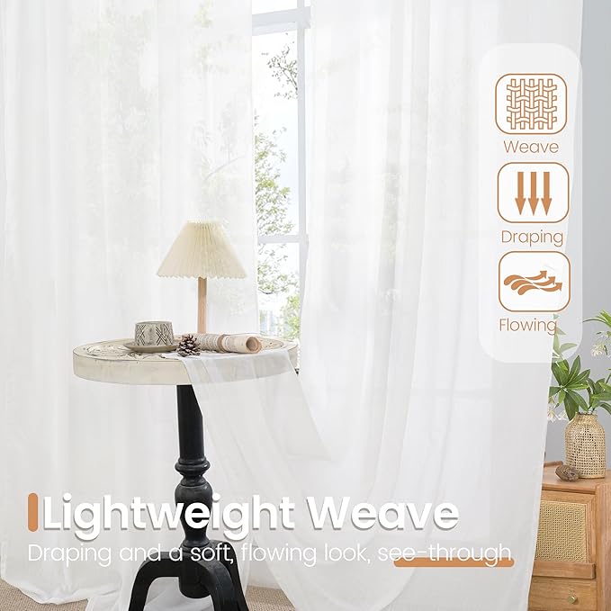 BGment 40 Inches Long White Linen Curtains for Kitchen Cafe Window | Semi Sheer Short Length Drapes with Rod Pocket Light Filtering for Bedroom Bathroom Lightweight, 2 Panels Set, 42 X 40 Inch