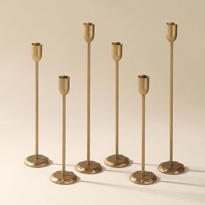 Perfnique Brass Candlestick Holders Set of 6 - Antique Gold Iron Candle Holders for Christmas, Birthday, Wedding, Party, Dining Table, Fireplace Mantel Decor (Gold)