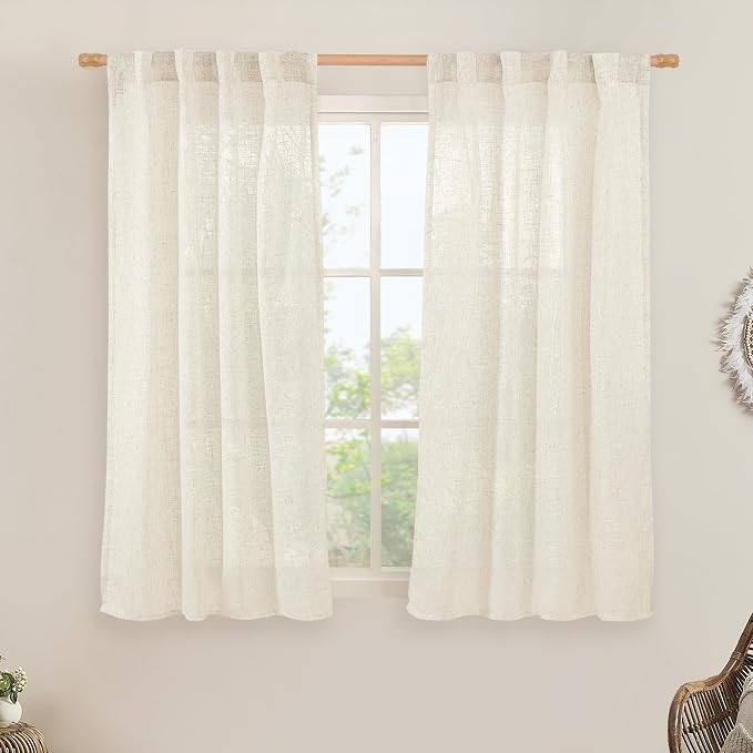 54 inches Long Semi Sheer Linen Curtains 2 Panels, Cream Ivory | Light Filtering Panels, Boho Neutral Drapes for Living Room, Bedroom, Window, Farmhouse, Rod Pocket Back Tab, 38 x 54 Inch