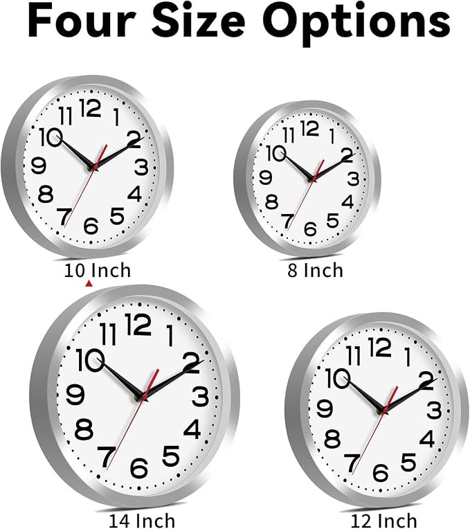 Roymnie 10 Inch Wall Clock, Battery Operated Silent Non Ticking Silver | analog wall clock; bold numerals for easy reading; silent non-ticking; 1 AA battery (not included); for classroom