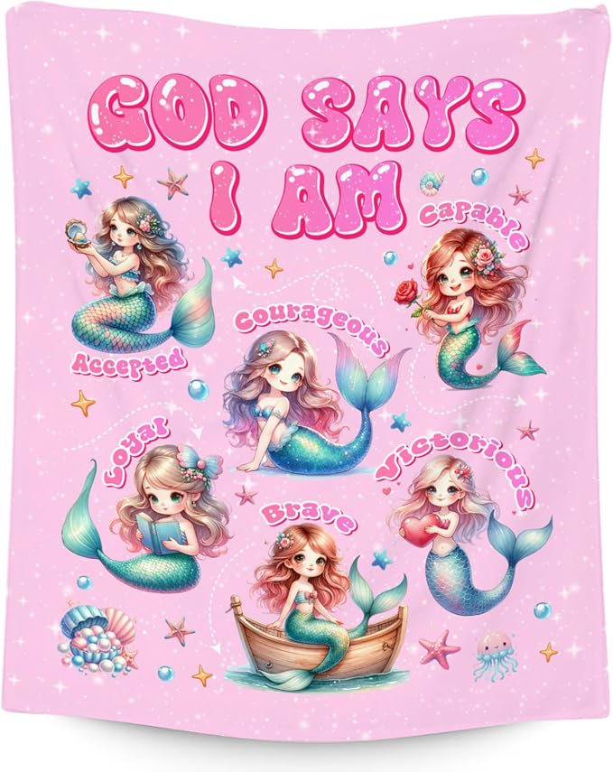 Mermaid Blanket for Girls, Mermaid Gifts, Party Decorations, God Says I Am, Cute Fleece Fuzzy Blanket for Couch Chair, 30"x40"