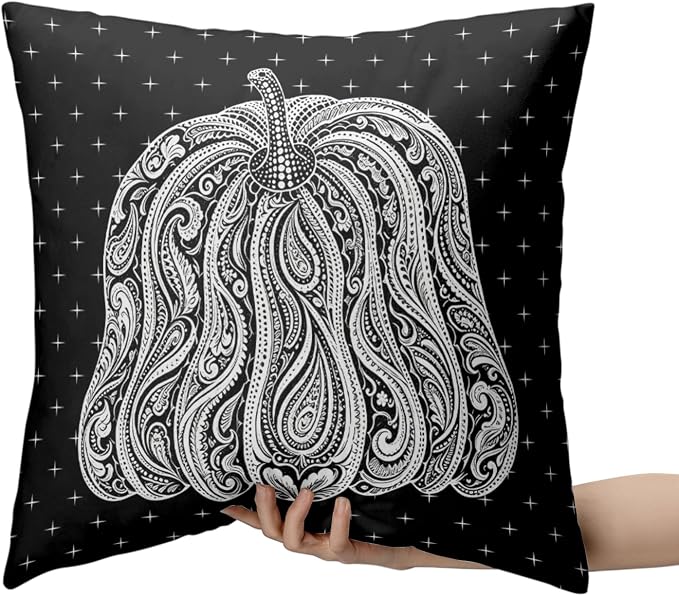Black Pumpkin Fall Pillow Covers Autumn Thanksgiving Throw Pillow Covers 18x18 Set of 2 Harvest Pillow Cases Abstract Paisley Flower Cushion Cases for Sofa Patio Garden