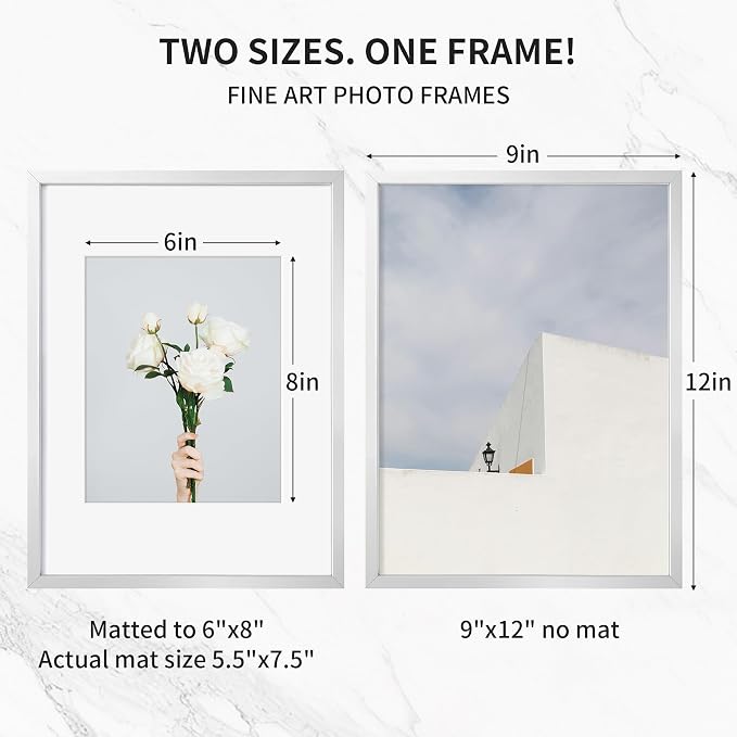 Fun Memories 9x12 Metal Picture Frame- 9x12 Aluminum Photo Frames with 6x8 Mat, High-Definition Plexiglass Front, and Hanging Hardware - Ideal for Wall or Tabletop Display (Silver, Pack of 1)