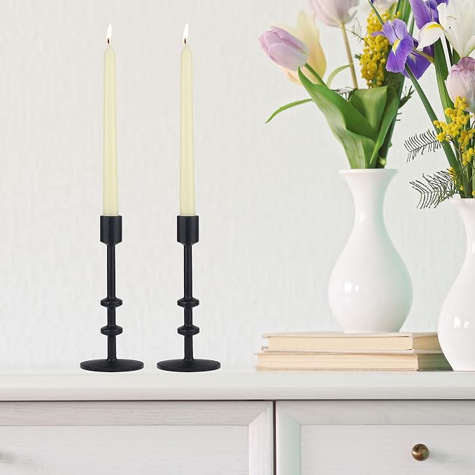 Stonebriar 9" Black Cast Iron Metal 2pc Taper Candle Holder Set, Large