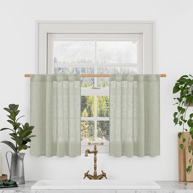 Semi Sheer Linen Curtains 36 Inch Length 2 Panels for Cafe Window | Light Filtering Panels, Neutral Drapes for Bathroom, Kitchen, Loft Room, Rod Pocket Back Tab, Sage Grey, 34 x 36 Inch