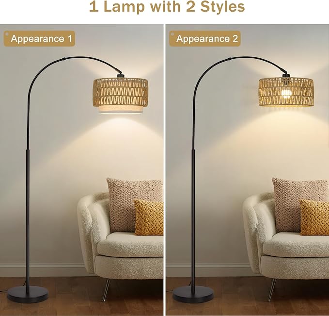 Rattan Floor Lamp, Dimmable Arc Floor Lamps with Adjustable Head