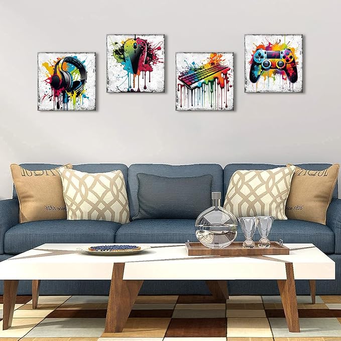 YOOOAHU Game Wall Decor Gaming Art Graffiti Gamepad Headphones Canvas Pictures Gamer Room for Boys Street Pop Bedroom Dorm Playroom Cave Teen Men Cool Video Painting Modern Artwork 12x12'' 4 Pcs