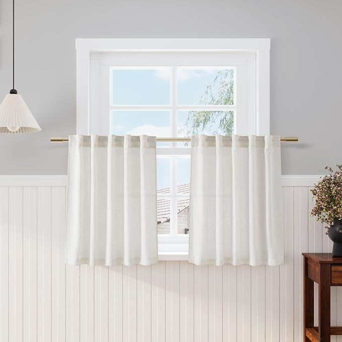 Cream Linen Kitchen Curtains 30 Inches Long 2 Panels Back Tab Rod Pocket Farmhouse Light Filtering Semi Sheer Short Curtain Solid Privacy Cafe Tier Curtains for Bathroom Basement Camper 36x30