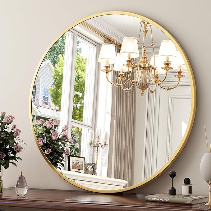 XRAMFY 30 Inch Round Mirror-Gold Circle Mirrors for Bathroom, Entryway | Modern Hanging Vanity Mirror for Livingroom, Wall Decor, Bedroom, Matte Gold Circle Decorative Wall Mirror