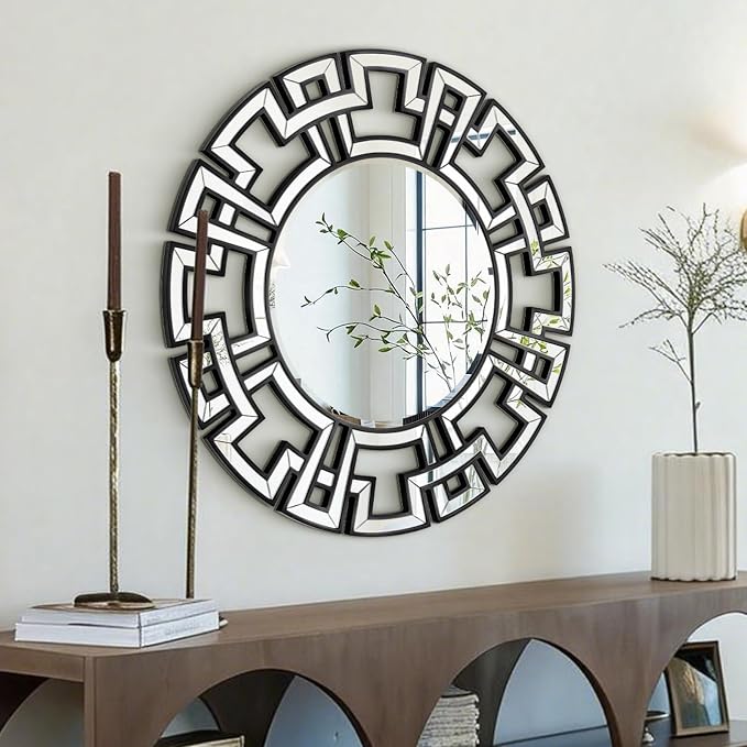 Black Mirrors for Living Room Decor, 32'' Large Round Mirror with Beveled Edge Glass, Modern Decorative Wall Mirror for Dining Room, Entryway, Bedroom, Fireplace