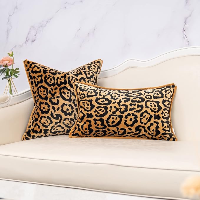 Yangest Black and Gold Rectangle Pillow Cover Cut Velvet Leopard Print Cushion Cover Luxury Modern Pillowcover for Couch Living Room Bedroom,12x20 Inch