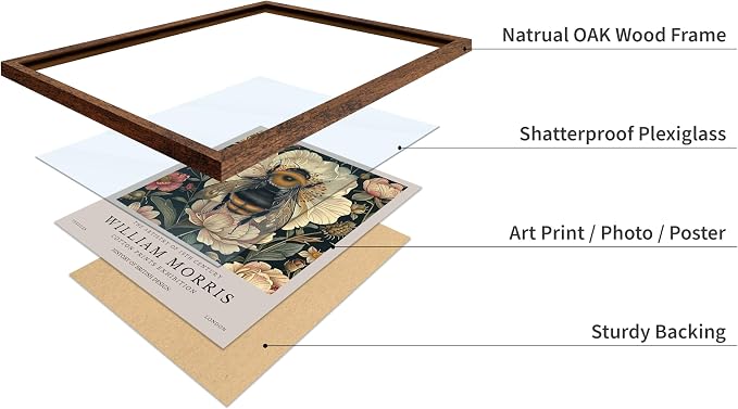 Poster Master William Morris Poster - Bumble Bee Print - Flower Art - Botanical Art - Exhibition Illustration - Animal Illustration - Floral Painting - Bee Artwork - Aesthetic Office or Bedroom Decor - 8x10 Brown Framed