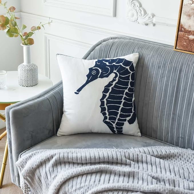 Embroidered Nautical Decor Pillow Cover,Square 18 Inches Decorative Canvas Pillow Cover for Nautical Style Deco by (Navy-Seahorse-New)