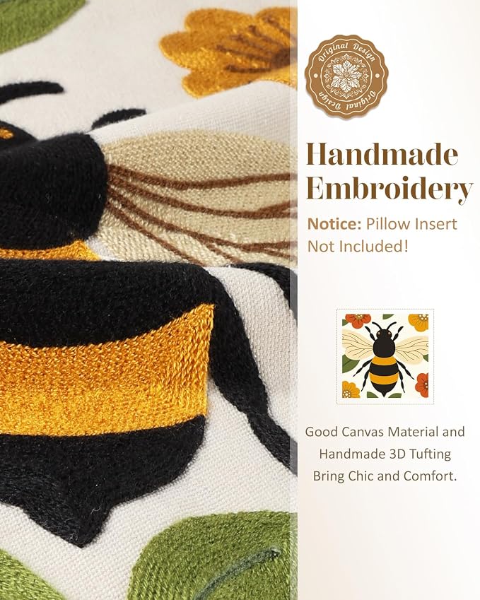 Animal Embroidered Throw Pillow Cover 18x18 Inch, Bee Floral | Decorative Pillow Cover, Farmhouse Cushion Cases with Hidden Zipper, Cottagecore Decor for Couch, Sofa, Living Room