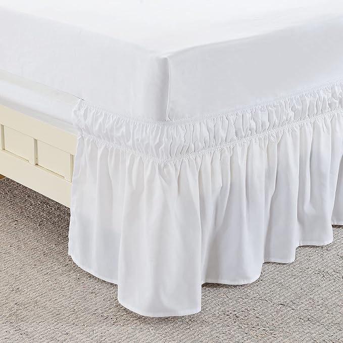 MEILA Wrap Around Elastic Bed Skirt for Twin & Full Beds, 16" Drop, White | Three-Side Adjustable Elastic Dust Ruffle, Ruffled Polyester Fabric, Easy to Install, Fade Resistant & Machine Washable