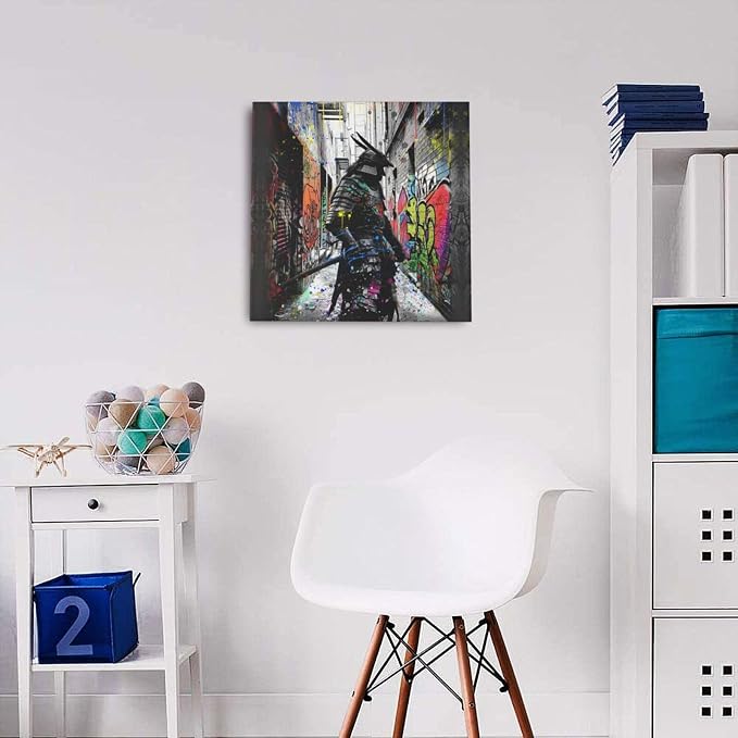 Wesluin 16"x16" Graffiti Samurai Canvas – Colorful Anime Japanese Wall Art | Urban warrior explodes from neon graffiti alley. Melding anime flair & street edge. Hook included, ready to hang.