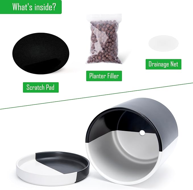 D'vine Dev 10 Inch Ceramic Planter Pot, Black White Split, 94-O-E-0 | Modern Cylinder Design, Drainage Hole & Saucer Included, Stable Structure, Elegant Home Accent