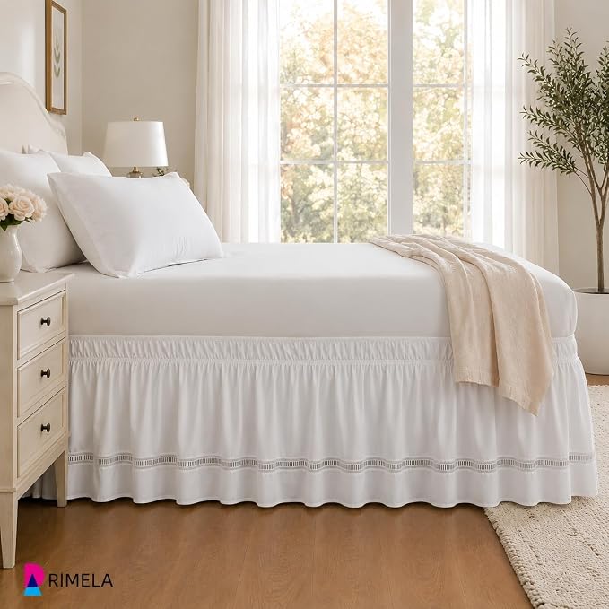 Ruffled Lace Bed Skirt King 15" Drop, Elastic Wrap Around Bedskirt | Solid Ruffled, Easy to Use, No Mattress Lifting, Wrinkle & Fade Resistant, with Adhesive Strips, Machine Wash/Dry/Iron