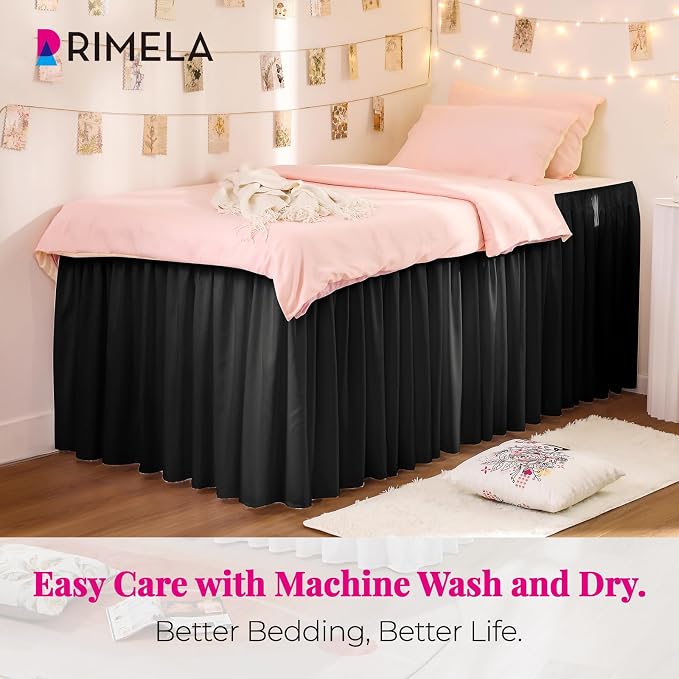 Dorm Bed Skirt Twin XL 25" Drop, College Dorm Room Essentials, Black | Solid ruffled, Wrap-around/elastic, Wrinkle & Fade resistant, with Adhesive Strips, Gift Packed, Machine Wash/Tumble Dry/Iron