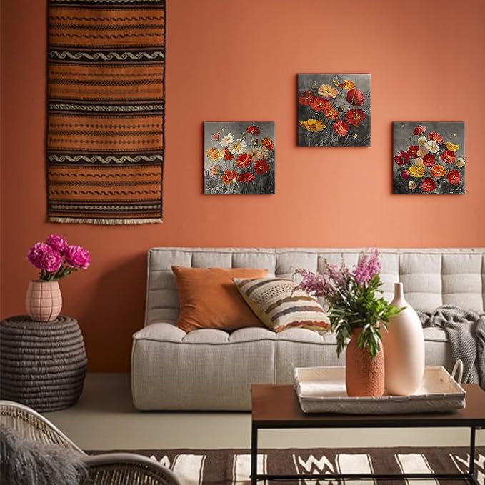 Burnt Orange Poppy Wall Art Bedroom Flower Pictures Wall Decor Wildflower Paintings Daisy Poppies Posters Black and Grey Botanical Canvas Prints Artwork for Living Room Home Decorations 12x12" 3 Piece