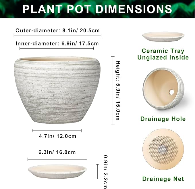 Indoor Plant Pots 8 Inch, Ceramic Plant Pots, Textured Grey | Large Flower Pot for Indoor Plants, Round Planters with Drainage Hole and Saucer, Garden Decor, Gifts for Plant Lovers