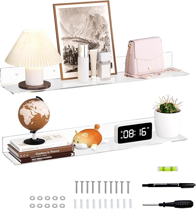 Sezanrpt 30 Inches Acrylic Wall Shelves 2 Pack, Floating Shelf for Wall Mounting, Acrylic Display Ledges for Funko Pop Figures, Home Décor, Living Room, Gaming Room, Plants(30 inch, Clear)