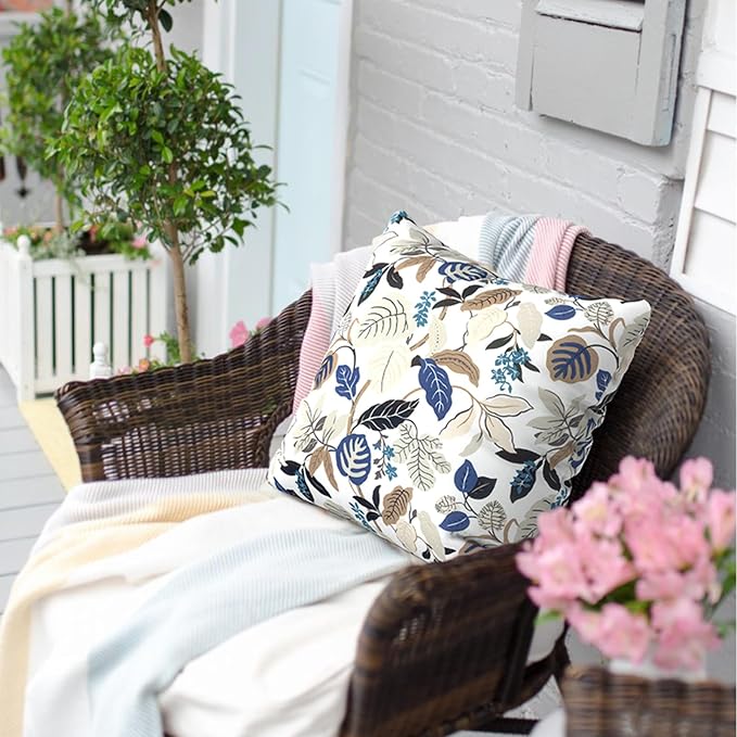 Outdoor Throw Pillow Covers 16x16 Inch, Square Patio Pillow Cases Pack of 2, Modern Decorative Back Cushion Covers for Patio Furniture Garden Couch Farmhouse, Breeze Leaves Beige
