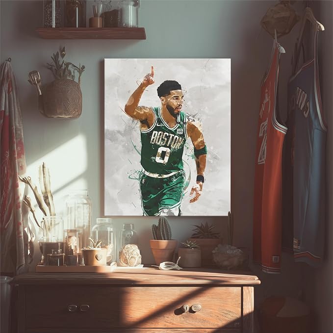 Jayson Tatum Basketball Canvas Wall Art, Sports Player Poster, 16x20 Inch | Abstract splash ink athletic artwork, motivational sports wall decor for teen boys room, bedroom, living room, gym or office