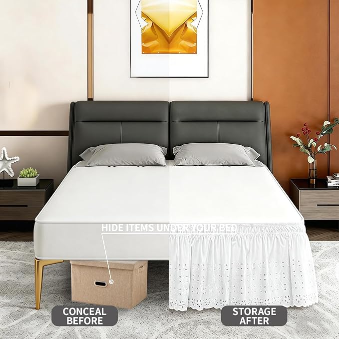 ANARACHON Full Bed Skirt, Wrap-Around Elastic Ruffled Eyelet Bed Skirt Full Size Dust Ruffle with Gathered Styling and Embroidered Details, 18" Drop Length (White)
