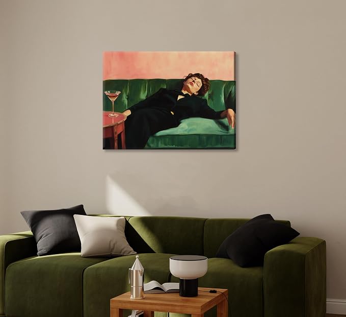Vintage Woman Canvas Wall Art Funky Victorian Woman on Couch with Martini Picture Wall Decor Eclectic Cocktail Poster Trendy Bar Cart Decor Painting Print Artwork for Bar Kitchen Dining Room, Framed
