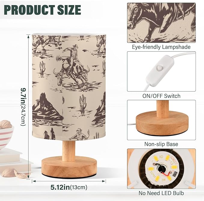Bedside Lamp West Cactus Cowboy Table Lamp for Bedroom LED Nightstand Lamp Shade USB Ports Wood Base for Living Room Dorm Office
