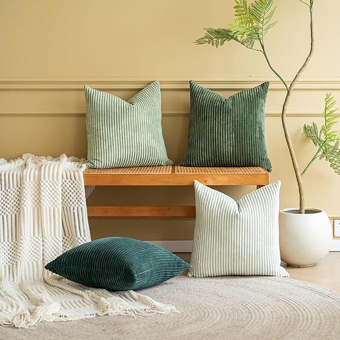 LANANAS Decorative Corduroy Throw Pillow Covers 18x18 Inch Forest Green | Set of 4 Neutral Couch Farmhouse Boho Throw Pillows for Living Room, Couch, Bed, Sofa Soft Accent Home Decor