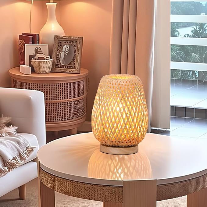 Rattan table lamp, 9.25''boho table lamp hand woven vintage willow wooden small bedside lamp, Bohemian bamboo woven nightstand desk lamp for bedrooms living rooms desks children's rooms hallway