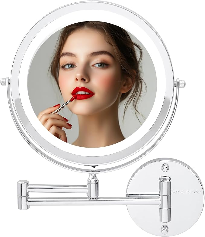 OVENTE 9" Wall Mounted Lighted Makeup Mirror, Polished Chrome MFW85CH1X10X | Cordless Double Sided 1X/10X Magnifying Mirror for Bathroom with LED Lights, 360° Rotation, Extendable Arm, Battery Operated