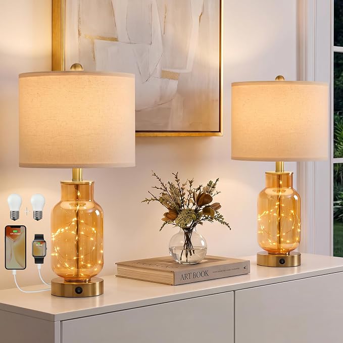 Oneach 22" Glass Table Lamps Set of 2 with Night Light for Bedroom, Amber