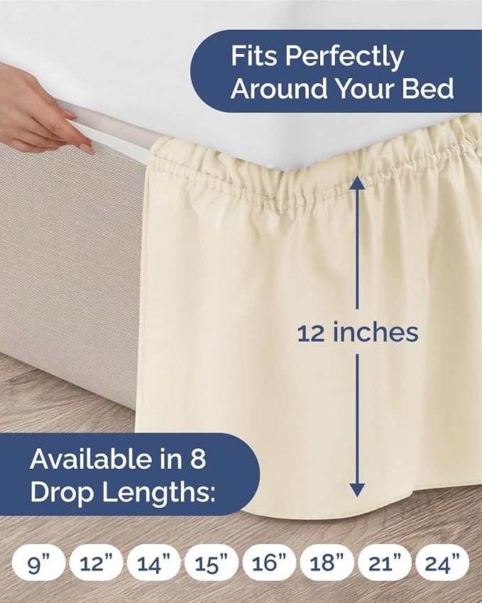 Wrap Around Dust Ruffle Bed Skirt, Full Size Beds - 12 Inch Drop, Off White | Easy Fit Elastic Strap, Adjustable Pleated Bedskirt w/Brushed Fabric, Wrinkle & Fade Free, for Women, Men, Kids & Teens