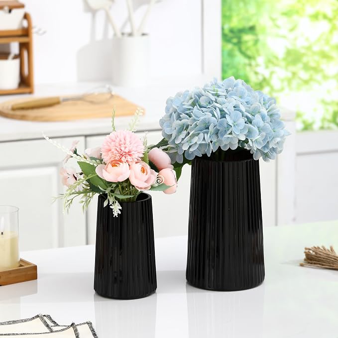 Ribbed Flower Vases Set of 2, Black Vases for Flowers, Flower Vase for Bouquet, Modern Ribbed Glass Vase for Living Room, Bedroom, Dining Table, Office, Wedding, Centerpieces