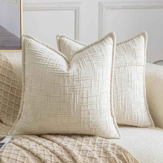 MADIZZ Pack of 2 Chenille Throw Pillow Covers 18x18 Inch Cream White Soft Neutral Decorative Throw Pillows for Couch Sofa Boho Accent Cushion Covers Modern Farmhouse Home Decor for Bedroom Living Room