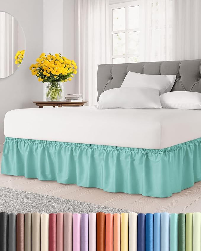 Wrap Around Dust Ruffle Bed Skirt - Spa Blue - for Queen Size Beds w/ 9 Inch Drop - Easy Fit Elastic Strap - Adjustable Pleated Bedskirt with Brushed Fabric - Wrinkle-Free - Women, Men, Kids & Teens